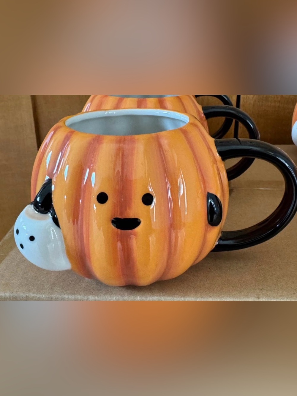 Cheerful Orange Pumpkin Ceramic Mug with Ghost Accent 14 ounces